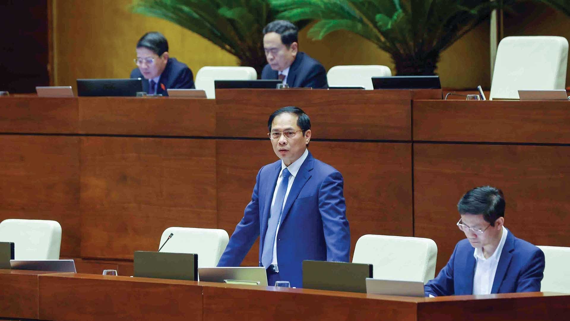 Bộ trưởng Ngoại giao Bùi Thanh Sơn trả lời chất vấn của đại biểu Quốc hội tại  Phiên họp lần thứ 31 của  Ủy ban Thường vụ Quốc hội, ngày 18/3. (Nguồn: TTXVN)
