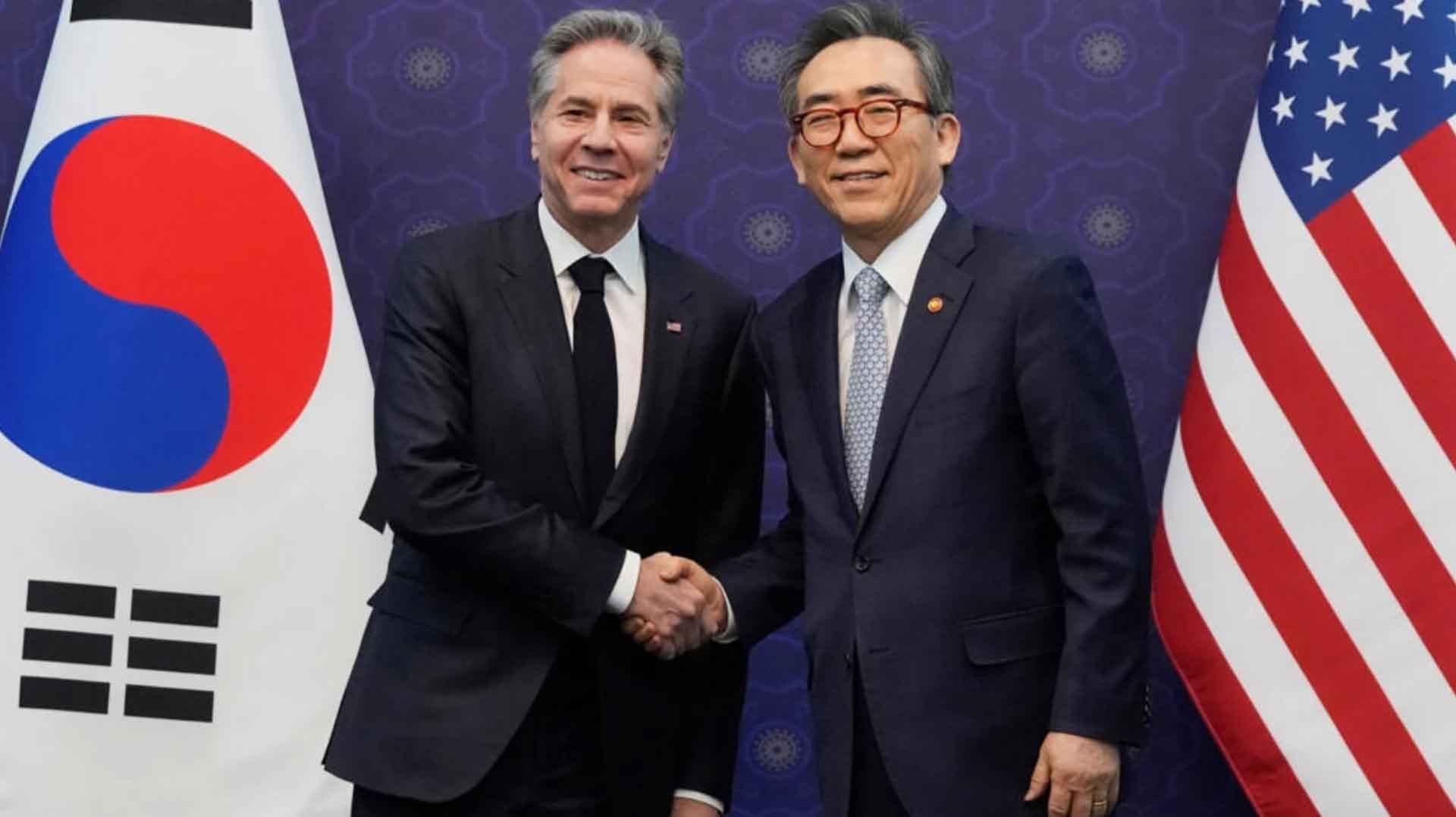 Ngoại trưởng Mỹ Anthony Blinken và người đồng cấp Hàn Quốc  Cho Tae Yul tại thủ đô Seoul ngày 18/3. (Nguồn: Reuters)