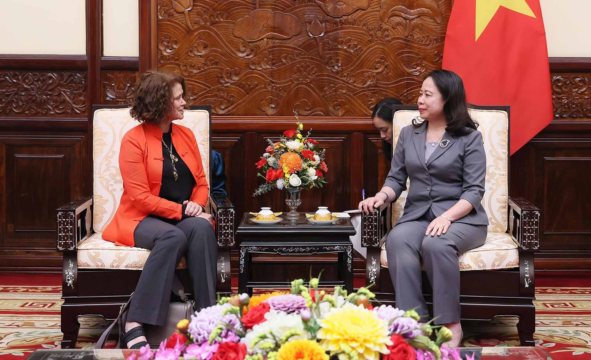 Quyền Chủ tịch nước Võ Thị Ánh Xuân tiếp Giám đốc quốc gia Ngân hàng thế giới tại Việt Nam Carolyn Turk. (Nguồn: TTXVN)