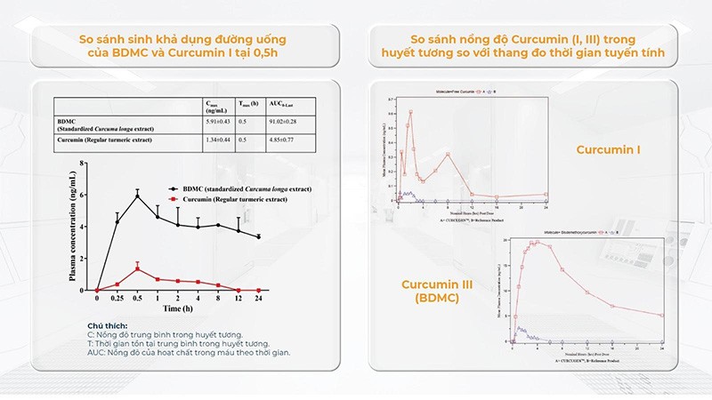 So sánh khả năng hấp thụ của curumin BDMC và  curcumin I.
