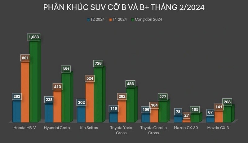 Doanh số phân khúc SUV cỡ B và B+ tháng 2/2024