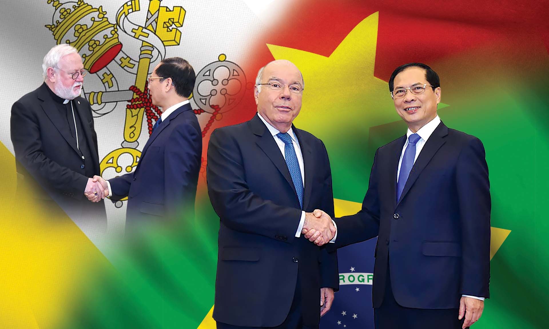 Bộ trưởng Ngoại giao Bùi Thanh Sơn đón hai người đồng cấp từ Vatican và Brazil tới thăm Việt Nam. 