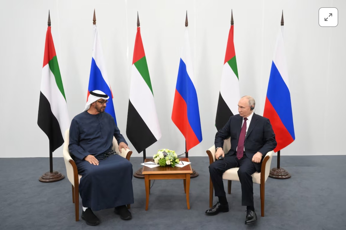 Tổng thống Nga Vladimir Putin và Tổng thống Các Tiểu vương quốc Ả Rập Thống nhất Sheikh Mohammed bin Zayed Al Nahyan bắt tay trong cuộc gặp tại Diễn đàn Kinh tế Quốc tế St. Petersburg (SPIEF) ở Saint Petersburg, Nga, ngày 16 tháng 6 năm 2023. Sputnik/Ilya Pitalev/Người dẫn chương trình đại lý ảnh thông qua REUTERS Quyền cấp phép mua hàng