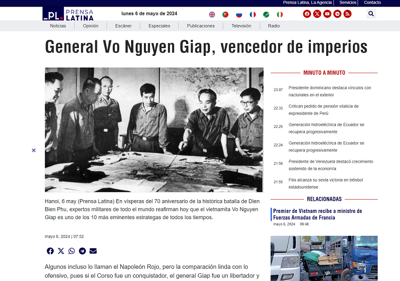 Truyền thông Cuba ca ngợi Đại tướng Võ Nguyên Giáp với Chiến dịch Điện Biên Phủ lịch sử