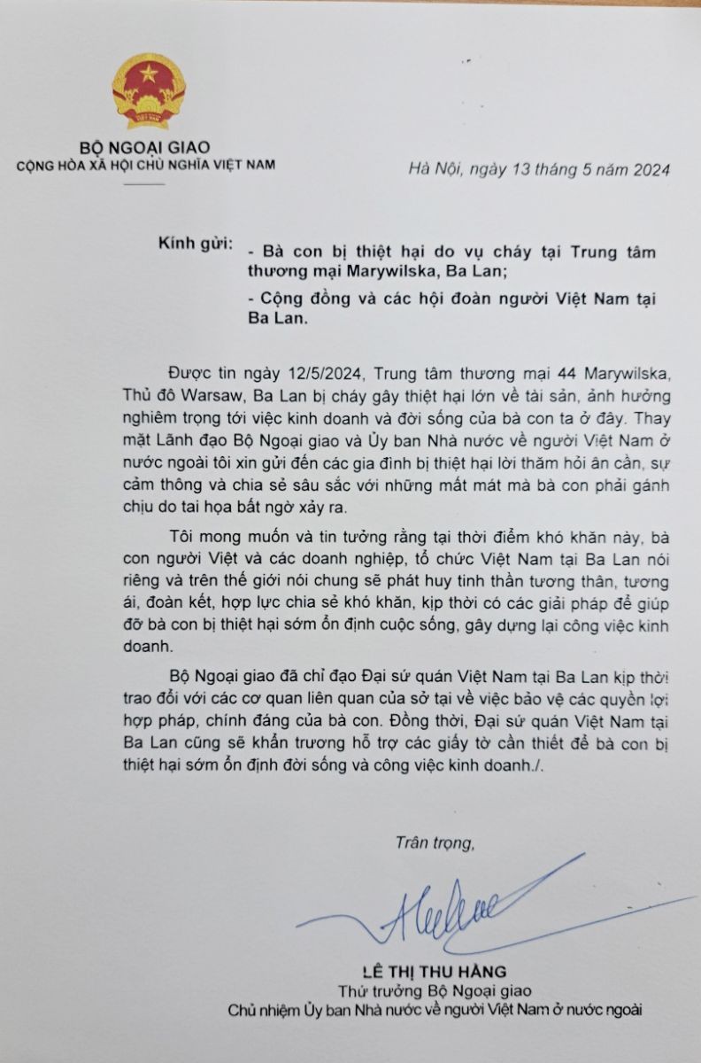 Thứ trưởng Ngoại giao Lê Thị Thu Hằng gửi thư thăm hỏi bà con bị thiệt hại trong vụ cháy tại Trung tâm thương mại ở Ba Lan