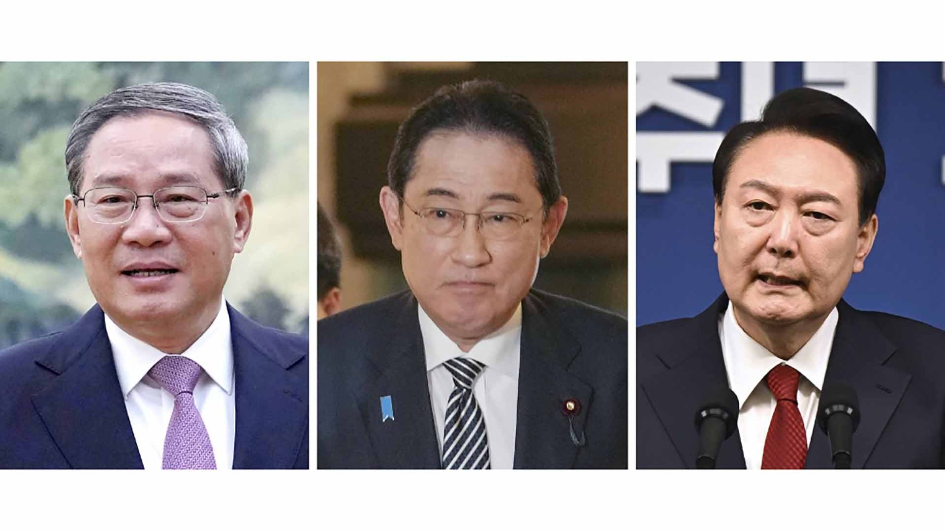(Từ trái sang) Thủ tướng Trung Quốc Lý Cường, Thủ tướng Nhật Bản Kishida Fumio và Tổng thống Hàn Quốc Yoon Suk Yeol sẽ gặp nhau tại Seoul. (Nguồn: EPA/Jiji)