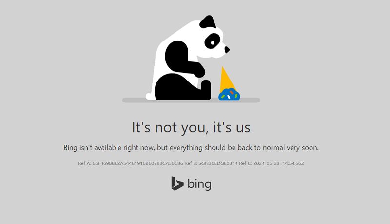 Màn hình hiển thị thông báo lỗi khi truy cập Bing.com