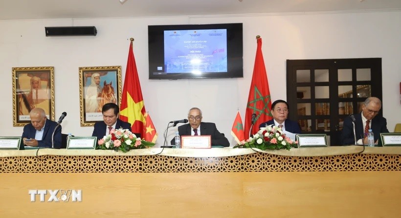 Các diễn giả tại hội thảo 'Chủ tịch Hồ Chí Minh và phong trào giải phóng dân tộc tại châu Phi, quan hệ Việt Nam-Maroc.' (Ảnh: Hồng Minh/TTXVN)