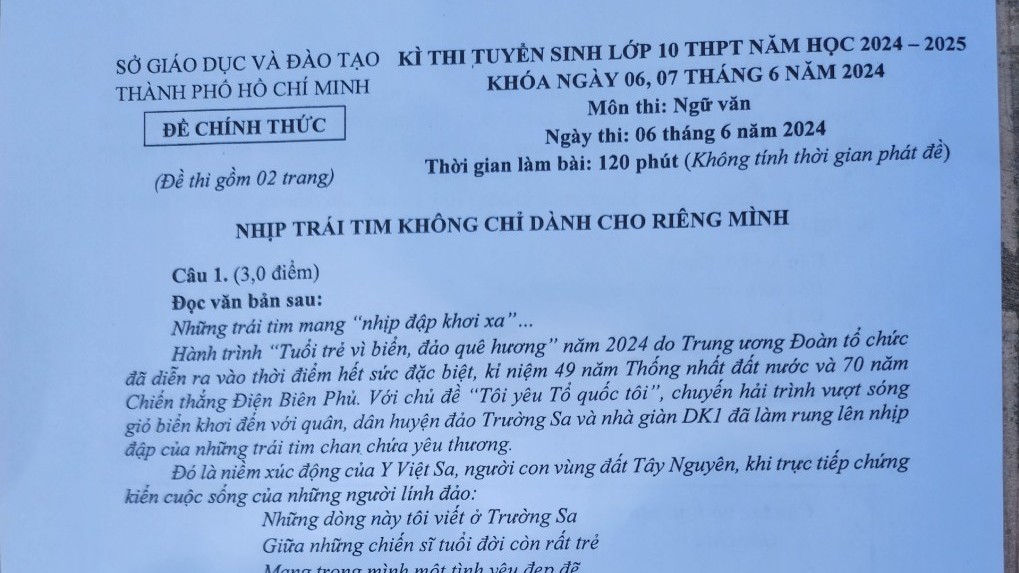 TP. Hồ Chí Minh: Đề thi môn Ngữ văn lớp 10 năm 2024