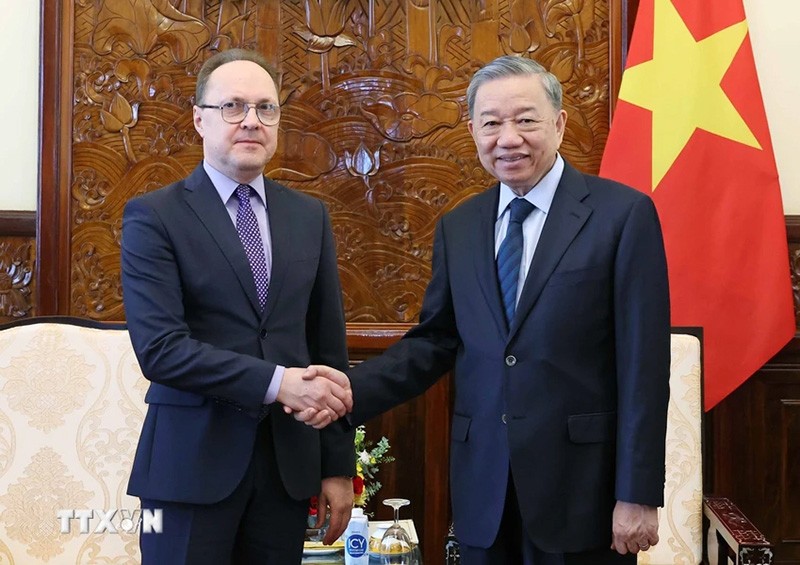 Chủ tịch nước Tô Lâm tiếp Đại sứ Liên bang Nga Nga Gennady Bezdetko. (Nguồn: TTXVN)