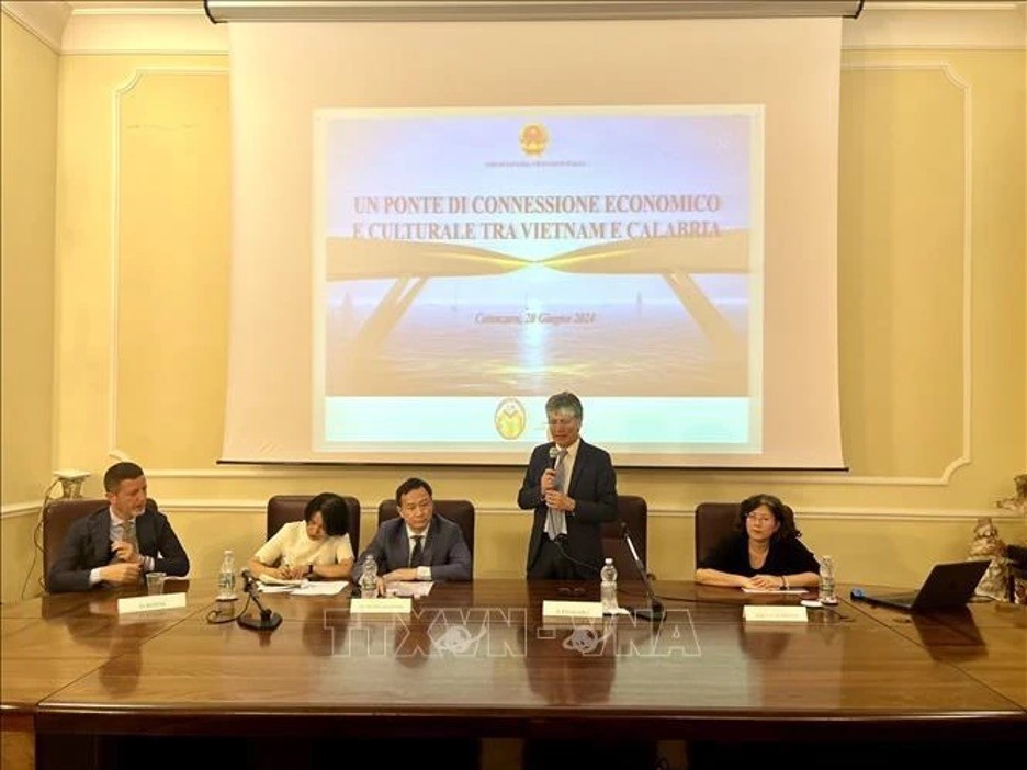 Vietnamese Ambassador to Italy Duong Hai Hung speaking at Vietnam-Calabria Connection Forum in Cantazaro city. (Photo: VNA)