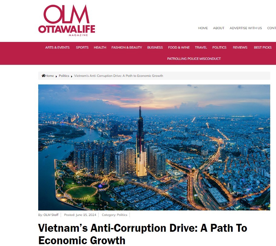 Bài viết về nỗ lực phòng chống tham nhũng của Việt Nam trên tạp chí Ottawa Life của Canada. (Ảnh chụp màn hình))