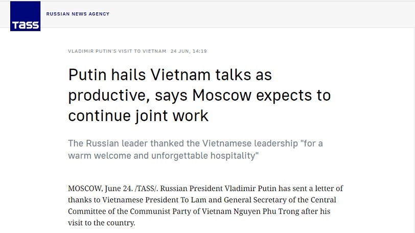 Tổng thống Nga Putin: Chuyến thăm Việt Nam đã để lại những ấn tượng tốt đẹp nhất