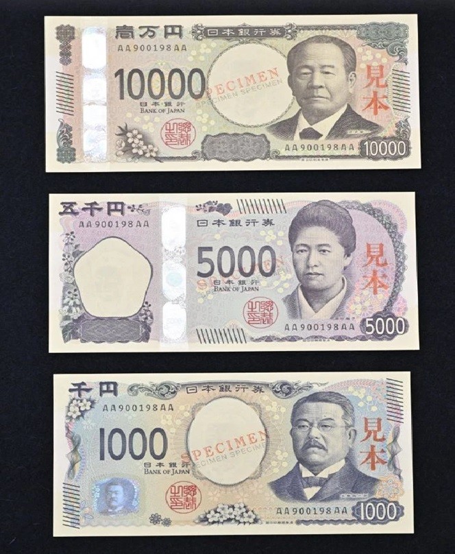 Các tờ tiền mệnh giá 10.000 yen, 5.000 yen và 1.000 yen mới. (Nguồn: Kyodo)