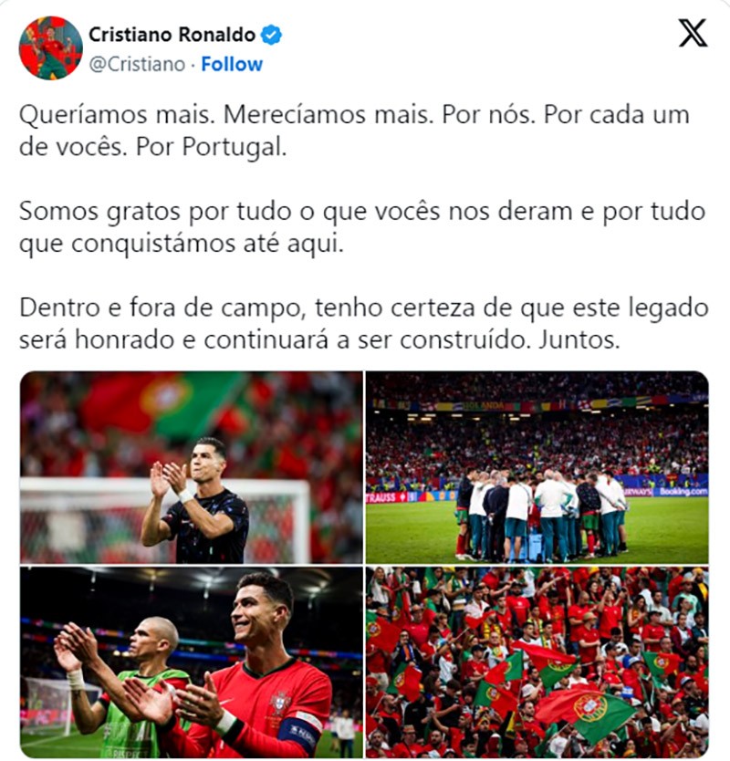 Ronaldo gửi thông điệp xúc động tới NHM Bồ Đào Nha trên trang mạng xã hội cá nhân của mình