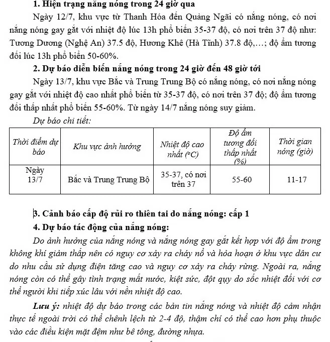 Dự báo thời tiết ngày mai (13/7): Bắc Bộ nắng nóng; Trung Bộ nắng nóng gay gắt; vùng núi Bắc Bộ, phía Nam chiều tối, đêm cục bộ mưa to đến rất to