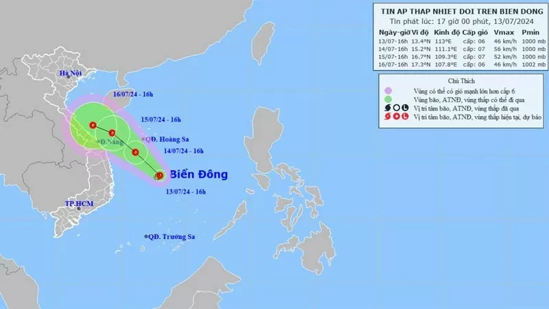 Vị trí và hướng di chuyển của áp thấp nhiệt đới. (Nguồn: nchmf.gov.vn)