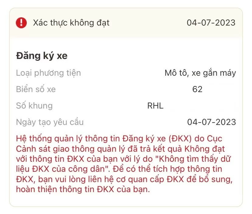 Tích hợp đăng ký xe vào VNeID bị từ chối thì phải làm sao?