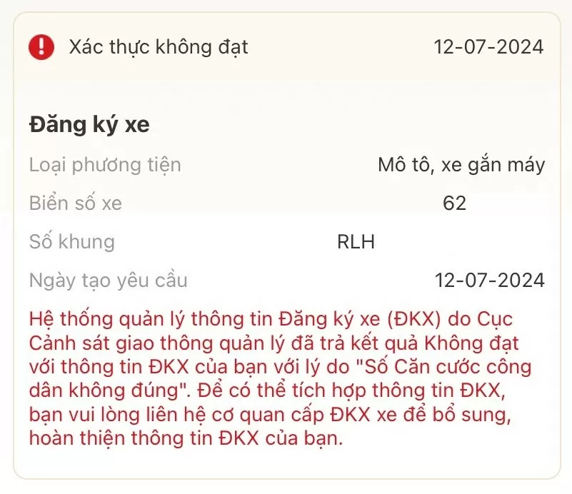 Tích hợp đăng ký xe vào VNeID bị từ chối thì phải làm sao?