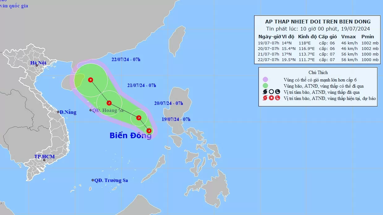 Dự báo áp thấp nhiệt đới: Bắc và giữa Biển Đông mưa giông mạnh, gió tăng lên cấp 6-7, giật cấp 9, sóng cao 2-4m