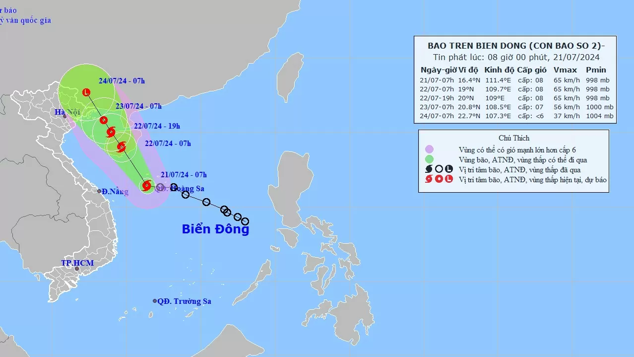 Dự báo bão số 2: Vùng biển phía Đông khu vực Quảng Trị đến Quảng Ngãi có gió vùng gần tâm bão cấp cấp 8, giật cấp 10, sóng cao 3-5m