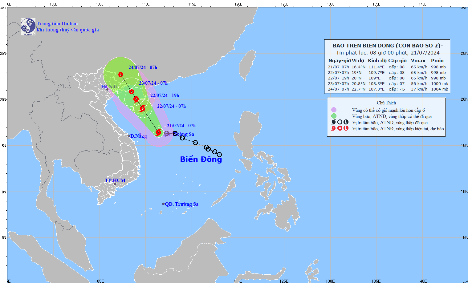 Dự báo bão số 2: Vùng biển phía Đông khu vực Quảng Trị đến Quảng Ngãi có gió vùng gần tâm bão cấp cấp 8, giật cấp 10, sóng cao 3-5m