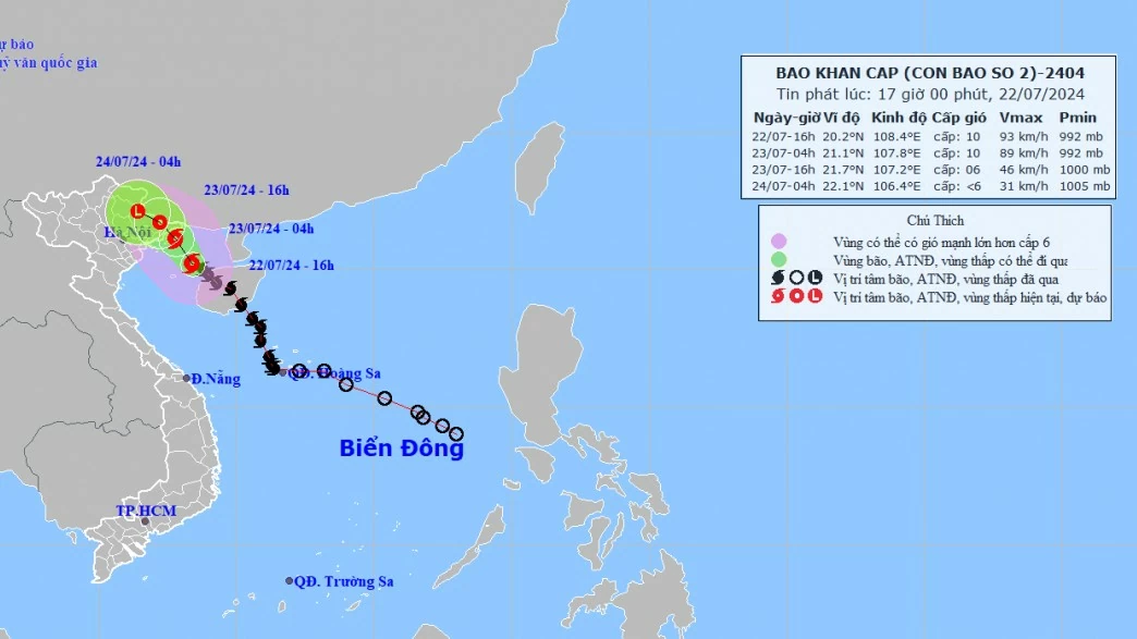 Tin bão số 2: Di chuyển hướng Tây Bắc; gió vùng tâm bão mạnh cấp 10, giật cấp 3; sẽ suy yếu trên vùng núi phía Bắc