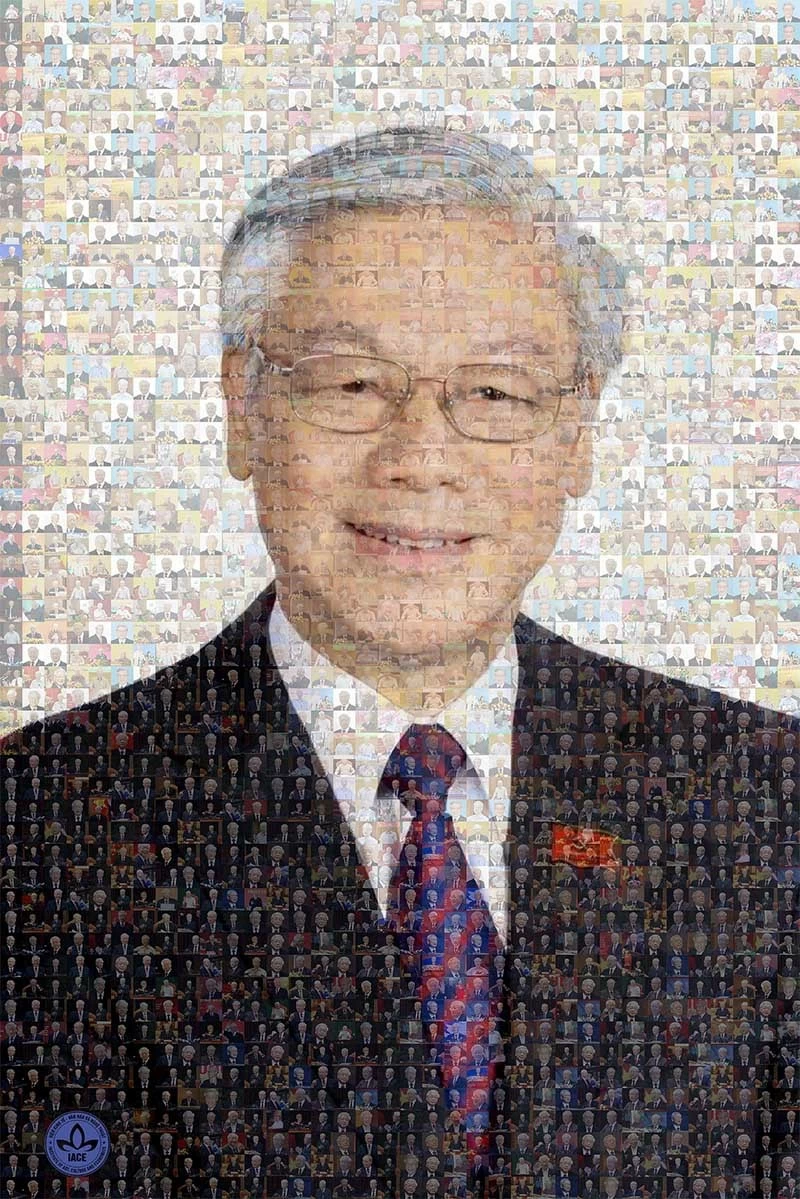 The glass portrait of General Secretary Nguyen Phu Trong is assembled from thousands of small photos through the ages.