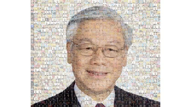 Portrait of General Secretary Nguyen Phu Trong assembled from thousands of small photos on tempered glass