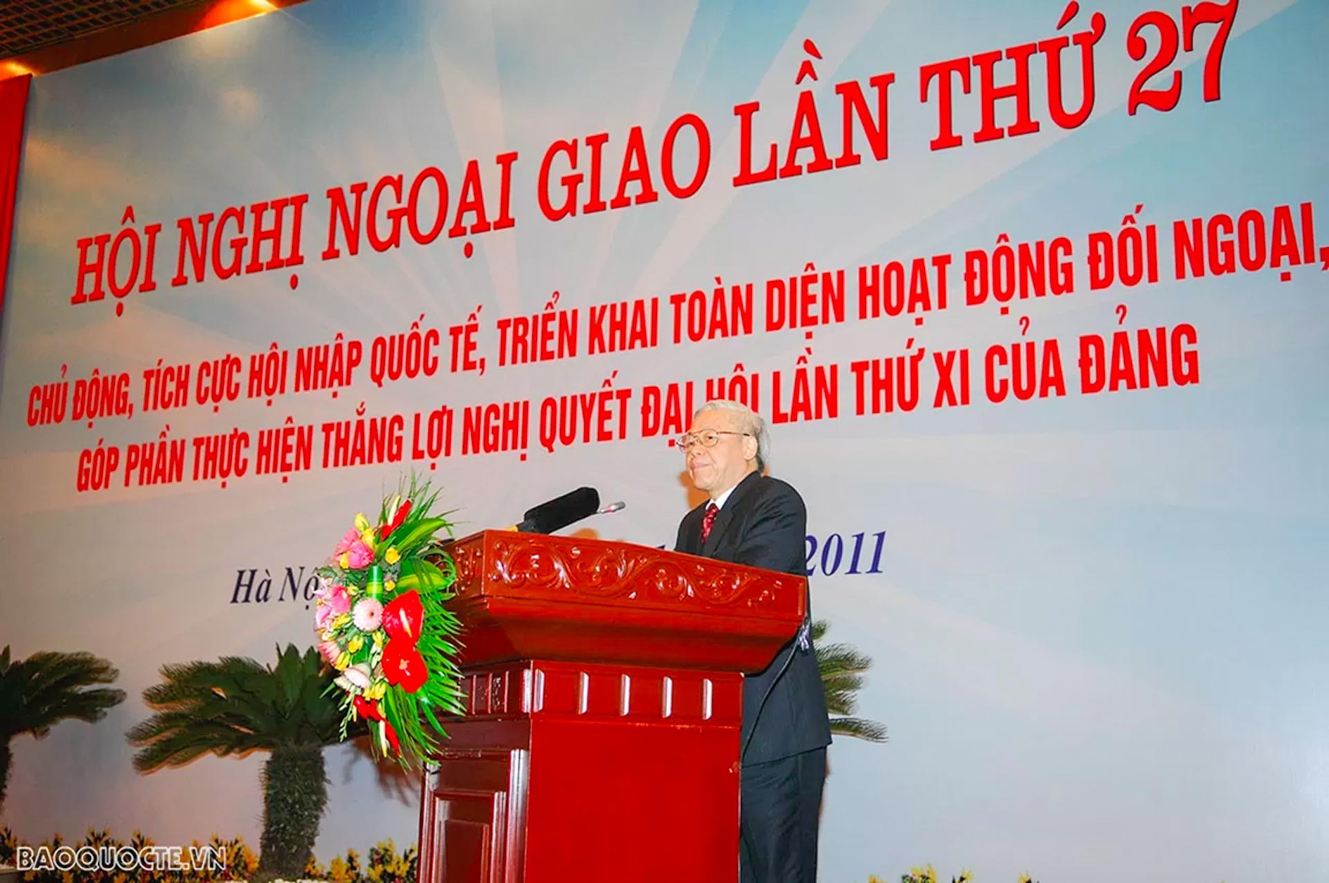 Tổng Bí thư Nguyễn Phú Trọng phát biểu chỉ đạo tại Hội nghị Ngoại giao lần thứ 27 tháng 12/2011. (Ảnh: Quang Hòa)