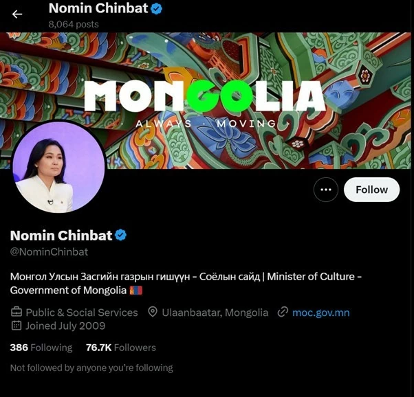 Bộ trưởng Bộ Văn hóa Nomin Chinbat thúc đẩy ngoại giao văn hóa thông qua các kênh mạng xã hội.