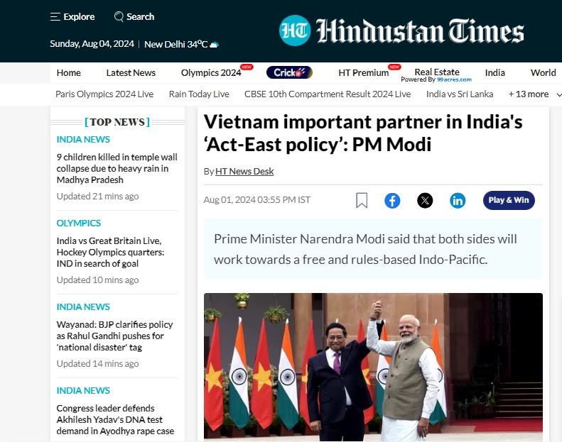 Bài viết đánh giá cao chuyển thăm Ấn Độ của Thủ tướng Phạm Minh Chính. (Ảnh chụp màn hình)
