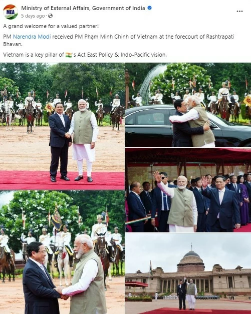 Thủ tướng Narendra Modi đã chủ trì lễ đón Thủ tướng Phạm Minh Chính tại Phủ Tổng thống Ấn Độ ngày 1/8. (Ảnh chụp màn hình)