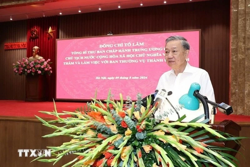 Party General Secretary and State President To Lam speaks at the working session with the Standing Board of the Hanoi Party Committee on August 9. (Photo: VNA)