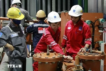 A team of engineers is inspecting and maintaining equipment at the Nhon Trach 2 power plant. 