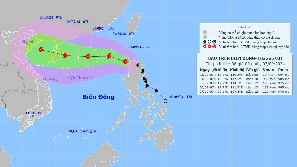 Dự báo diễn biến bão số 3: Vùng Đông Bắc Biển Đông gió giật cấp 16 vùng gần tâm bão, sóng cao 5-7m