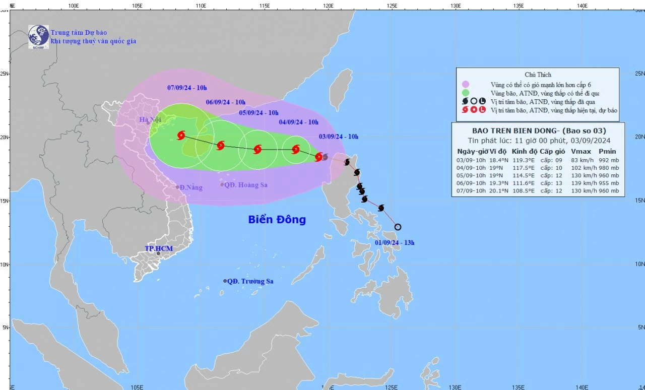 bão YAGI đã đi vào vùng biển phía Đông của khu vực Bắc Biển Đông, trở thành cơn bão số 3 trong năm 2024. (Nguồn: nchmf.gov.vn)