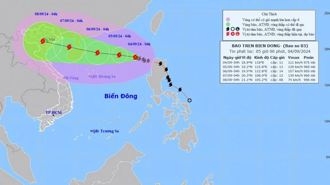 Dự báo thời tiết: Từ ngày 5-6/9, bão số 3 có thể đạt cấp gió rất mạnh trên Bắc Biển Đông, sóng cao 7-9m