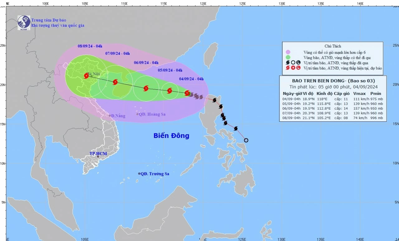 Dự báo, đến ngày 7/9, bão số 3 trên khu vực vịnh Bắc Bộ. (Nguồn: nchmf.gov.vn)