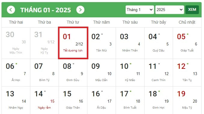 Lịch nghỉ Tết Dương lịch 2025 của người lao động