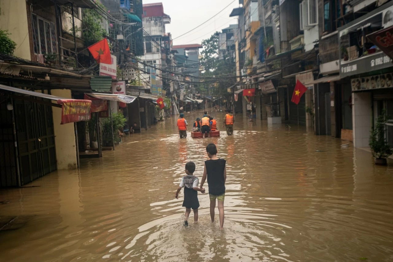 Nguyễn Tuấn Kiệt (left), 5, plays with his elder brother Nguyễn Tiến Lâm (right), 11, near their house at a neighborhood near the Red River, which is flooded following Typhoon Yagi on September 11, 2024, in Hanoi, Vietnam. (Photo: UNICEF Vietnam)