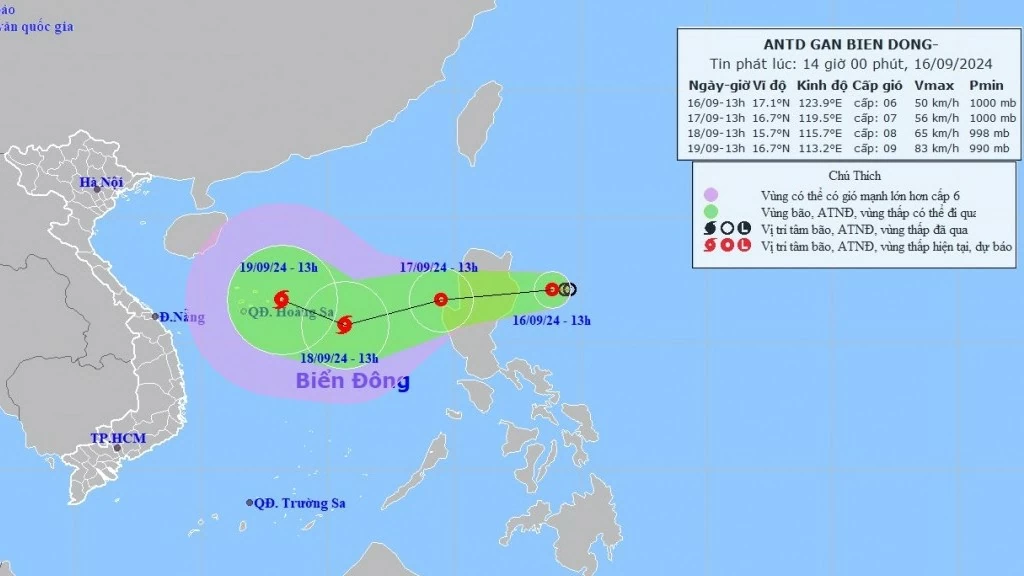 Dự báo tác động của áp thấp nhiệt đới: Từ sáng 17/9, phía Đông khu vực Bắc Biển Đông mưa rào, giông mạnh, sóng cao 2-4m, biển động