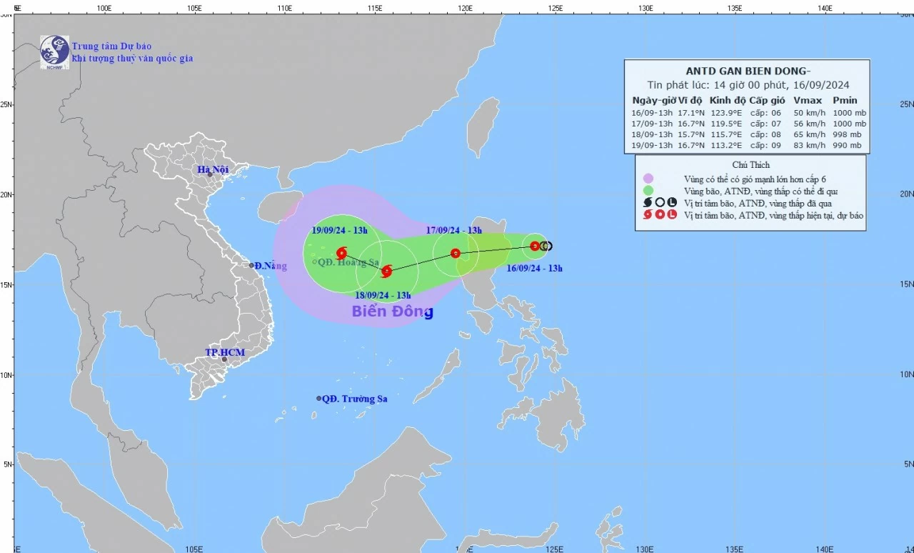 Dự báo tác động của áp thấp nhiệt đới: Từ sáng 17/9, phía Đông của Bắc Biển Đông mưa rào, giông mạnh, sóng cao 2-4m, biển động