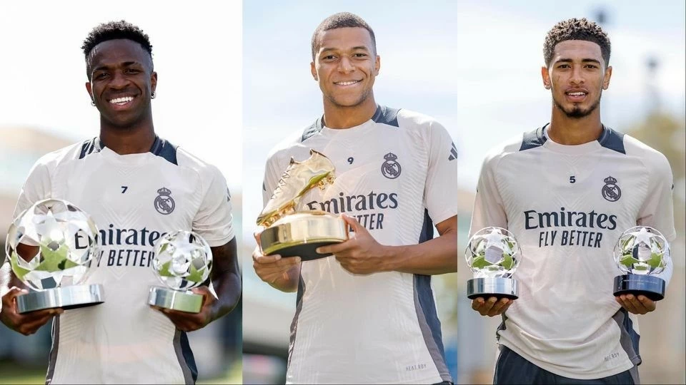 Champions League 2023/24: Vinicius, Mbappe và Bellingham tươi rói nhận giải của UEFA