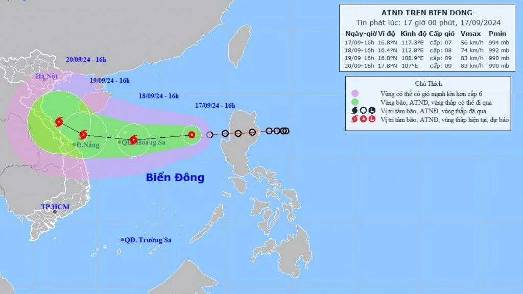 Dự báo diễn biến áp thấp nhiệt đới trên Biển Đông: Khoảng 24 giờ tới, mạnh thành bão trên trên vùng biển quần đảo Hoàng Sa