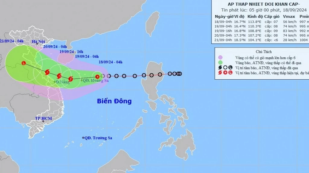Dự báo ảnh hưởng của áp thấp nhiệt đới/bão: Vùng đất liền ven biển Hà Tĩnh-Quảng Ngãi gió mạnh dần; Bắc-Trung Trung Bộ mưa to đến rất to