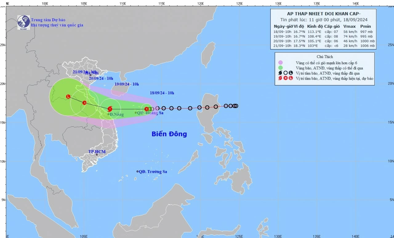 Dự báo: Khoảng 24 giờ tới, áp thấp nhiệt đới/bão trên vùng biển ven bờ Quảng Trị-Quảng Nam, cường độ gió cấp 8, giật cấp 10