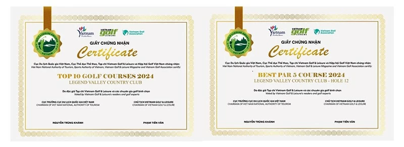 Giấy chứng nhận giải thưởng VGLA 2024 của sân Legend Valley Country Club Giấy chứng nhận giải thưởng VGLA 2024 của sân Legend Valley Country Club