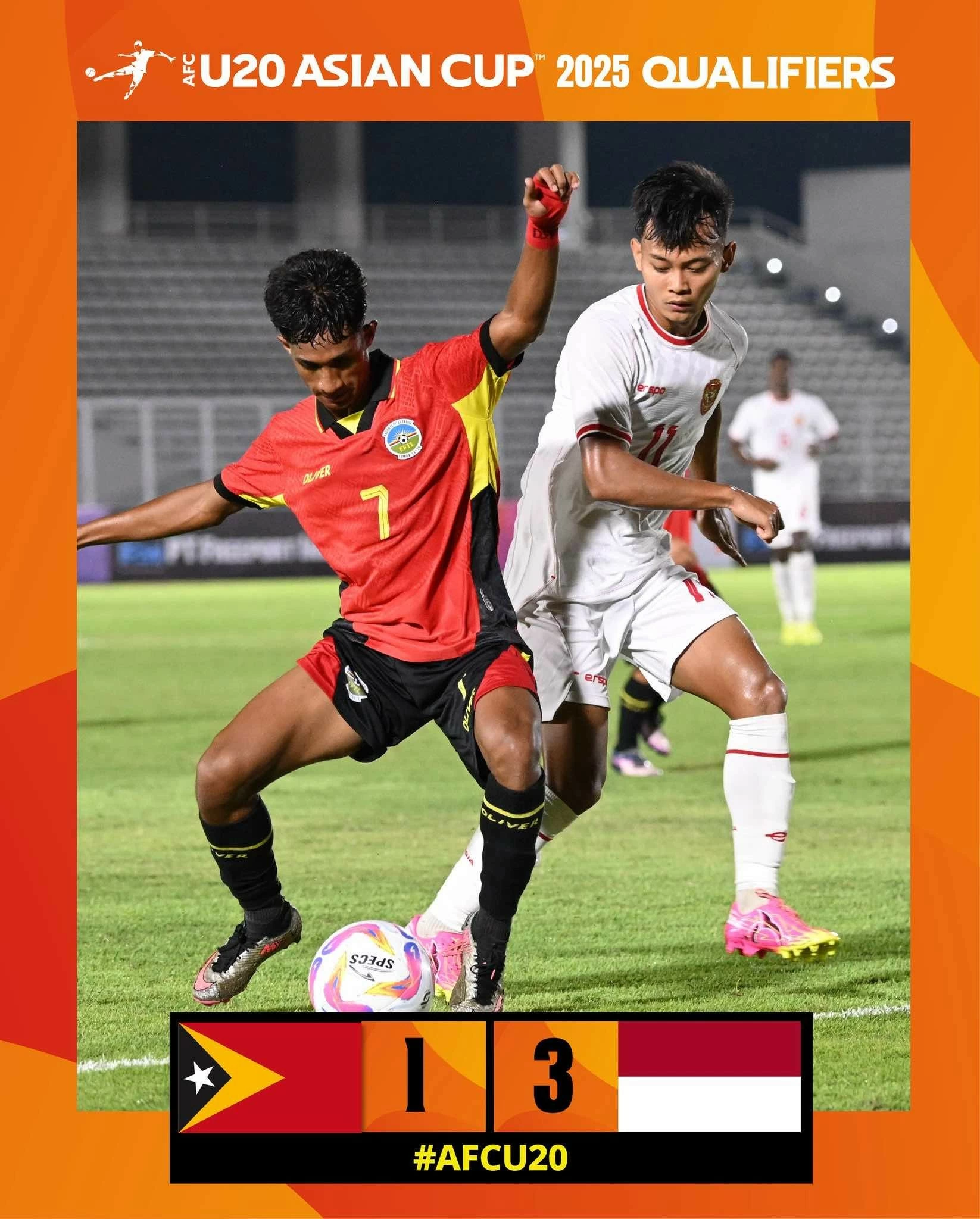 U20 Indonesia (áo trắng) vượt qua U20 Timor Leste với tỷ số 3-1. Ảnh: AFC