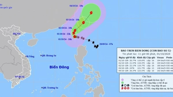 Dự báo: Bão số 5 trên vùng biển phía Đông Bắc của Bắc Biển Đông, tàu thuyền chịu tác động của giông, lốc, gió mạnh, sóng lớn 9-11m